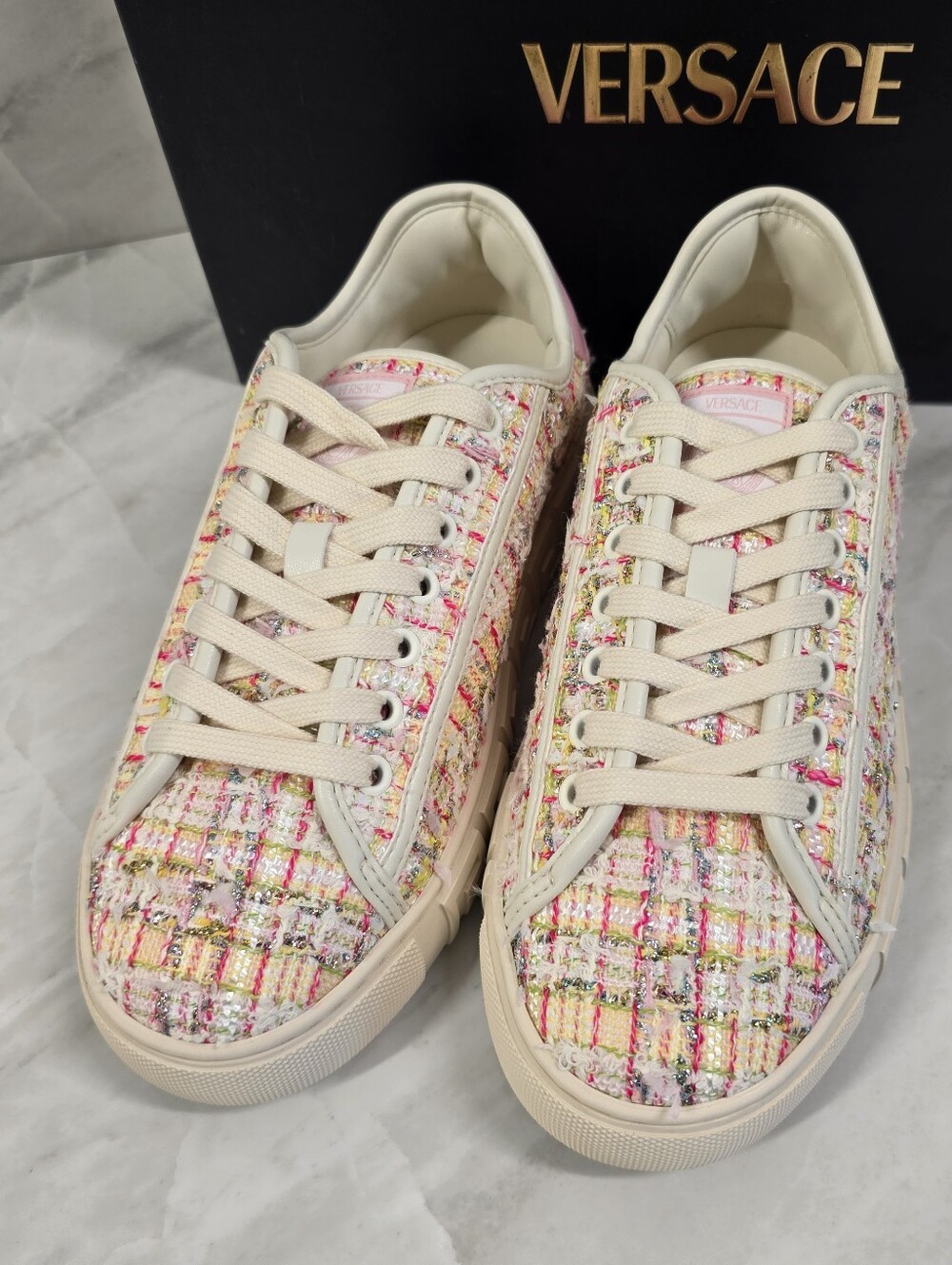 Versace Women’s Pink Tweed Low-Top Sneakers